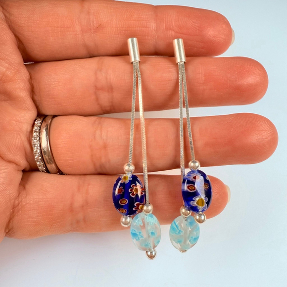 Blown Lamp Work Glass Bead Sterling Silver 925 Long Drop Vintage 2.3" Earrings - Picture 5 of 6